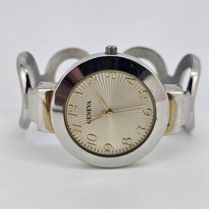 36MM Women's Cuff Watch Gold Dial Two Tone Bracelet 5.5" New Battery